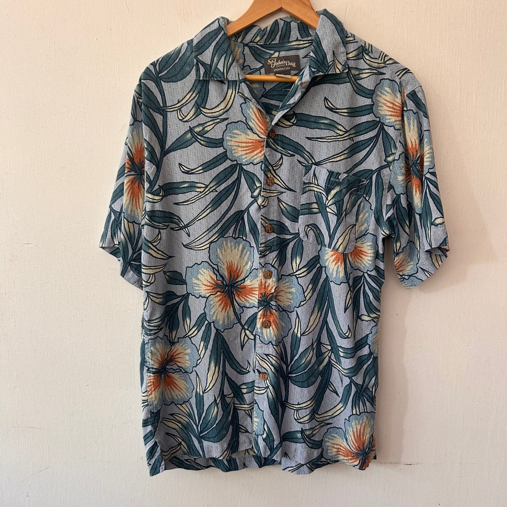 St Johns Bay Hawaiian Shirt Mens Medium Blue Washable Silk Tropical Floral Camp